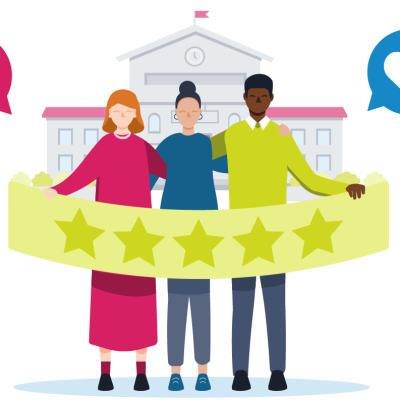 Teachers holding a 5 star banner in front of their school