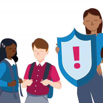 Teacher holding a safeguarding shield in front of their students