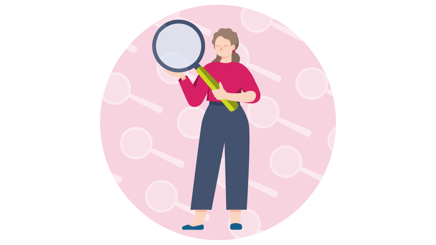 A woman holding a big magnifying glass searching for a candidate