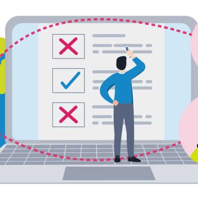 Teacher looking at a compliance document on a giant laptop