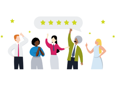 Teachers celebrating in front of a 5 star rating banner