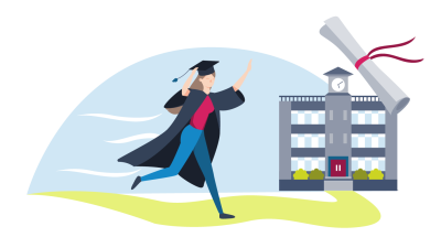 Person in cap and gown chasing a degree scroll