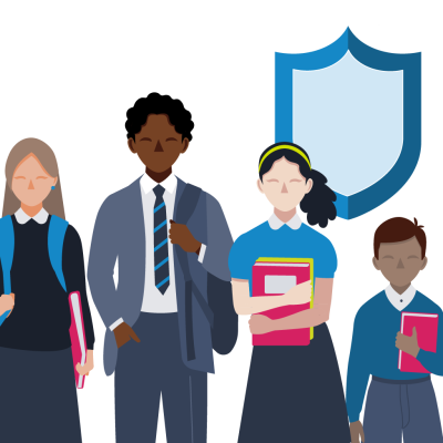 Students stood in a line in front of a safeguarding shield